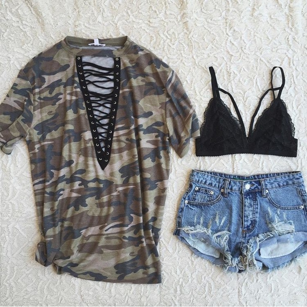 NWOT Lace Up Camo Tee